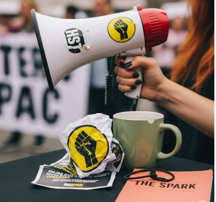 Still life of a megaphone, mug, and zine on a table.